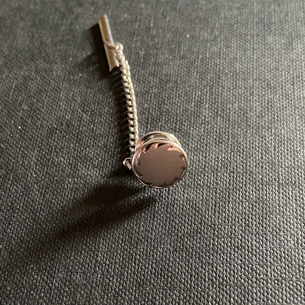 Vintage 50s 1950s Mid Century Modern MCM Silver Tone Round Tie Tack with Chain